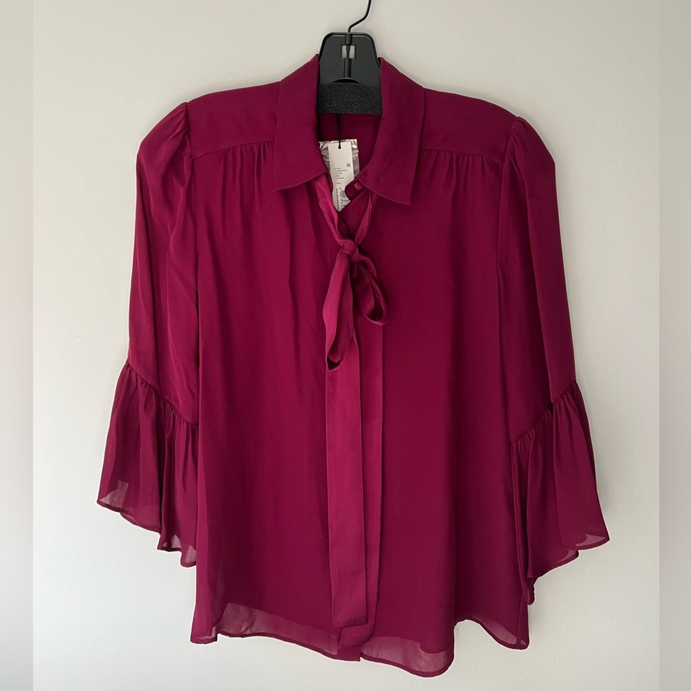 Alice + Olivia Maxima Ruffle Sleeve Georgette Blouse - Currant
